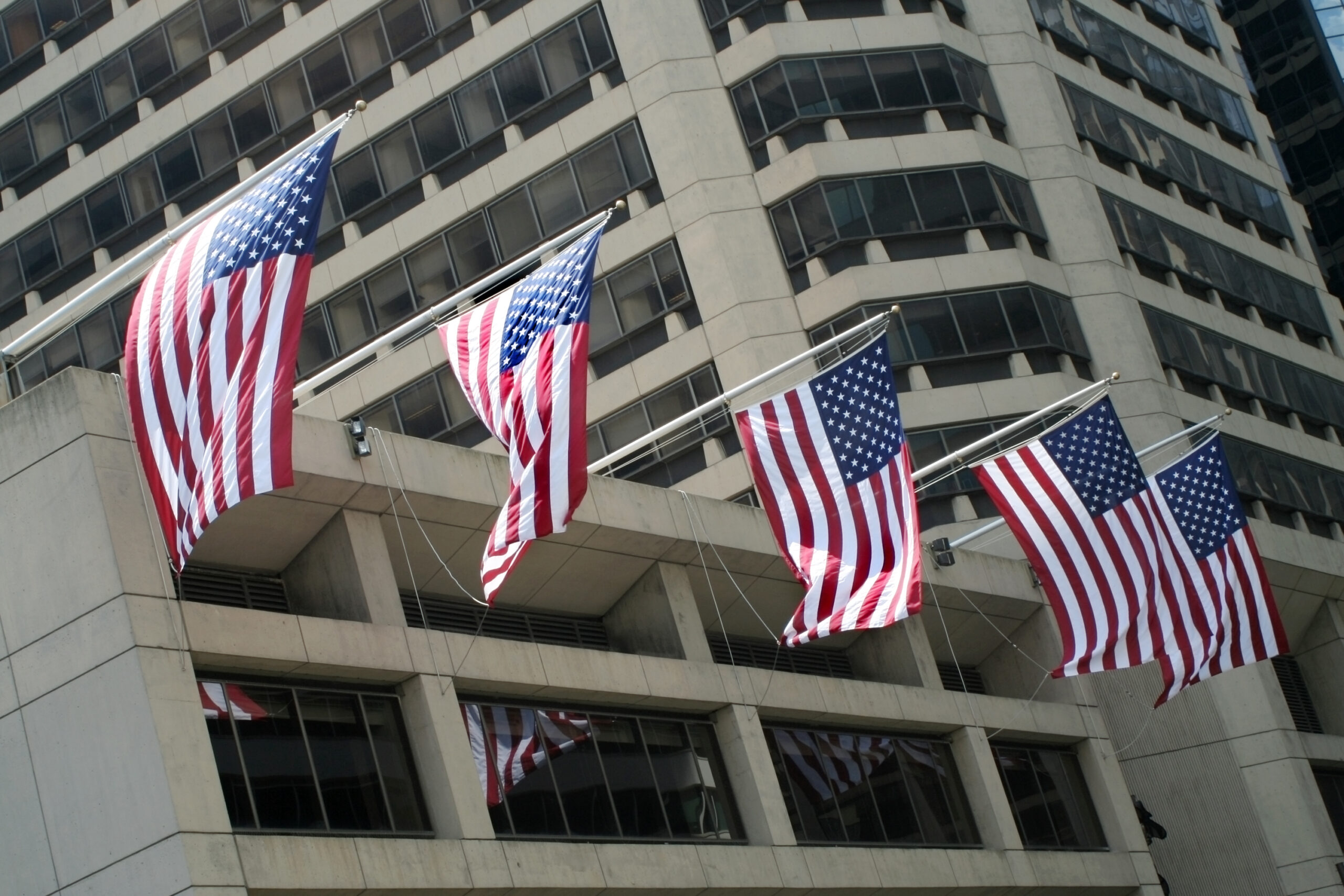 American flags on the building